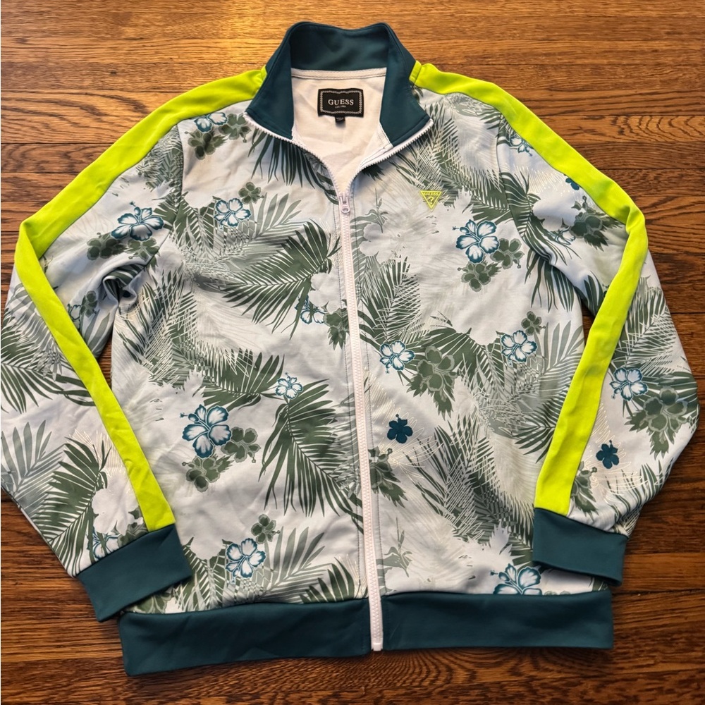 #606 GUESS Floral/ PALM PRINT WARMUP Jacket - Green and Blue - Picture 9 of 15